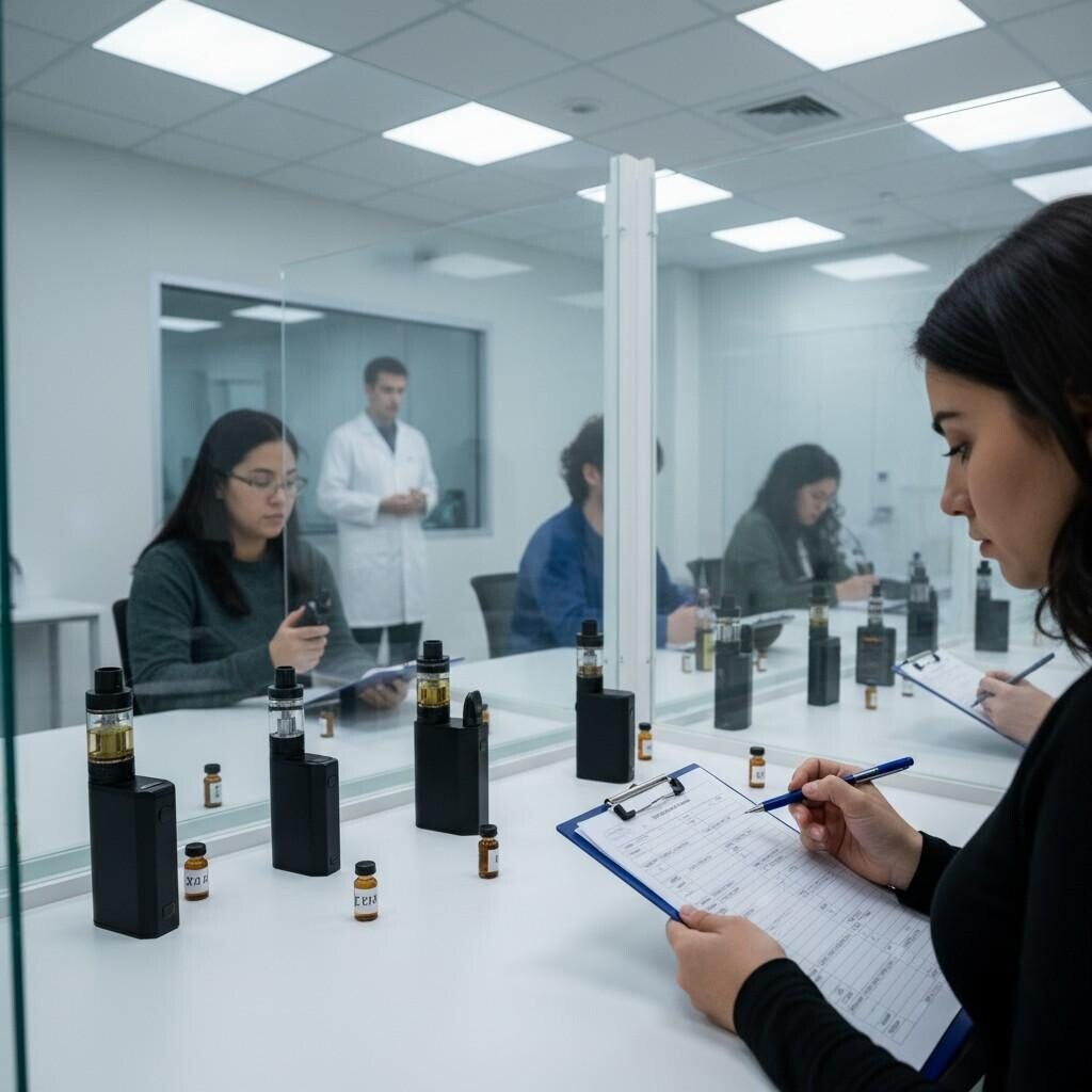 A cross-functional sensory panel conducts meticulous evaluations in a controlled room, testing e-liquid samples across various devices with structured scoring sheets, crucial for validating flavor identity and consistency.
