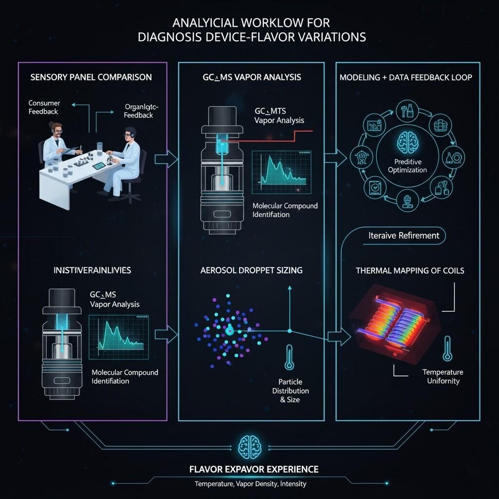 A comprehensive laboratory workflow diagram outlining the "Analytical Workflow for Diagnosing Device-Flavor Variations." This schematic details sequential steps including sensory panel comparison, GC-MS vapor analysis for molecular compound identification, aerosol droplet sizing, thermal mapping of coils for temperature uniformity, and a final modeling and data feedback loop for predictive optimization and iterative refinement of the flavor experience.
