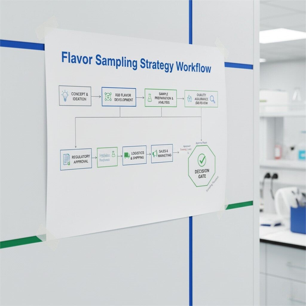  A realistic image of a flowchart poster displayed on a lab wall, detailing the flavor sampling strategy workflow from concept to the final decision gate, highlighting the roles of R&D, QA, Regulatory, Logistics, and Sales. Ideal for illustrating cross-functional responsibilities in a sampling strategy blog.