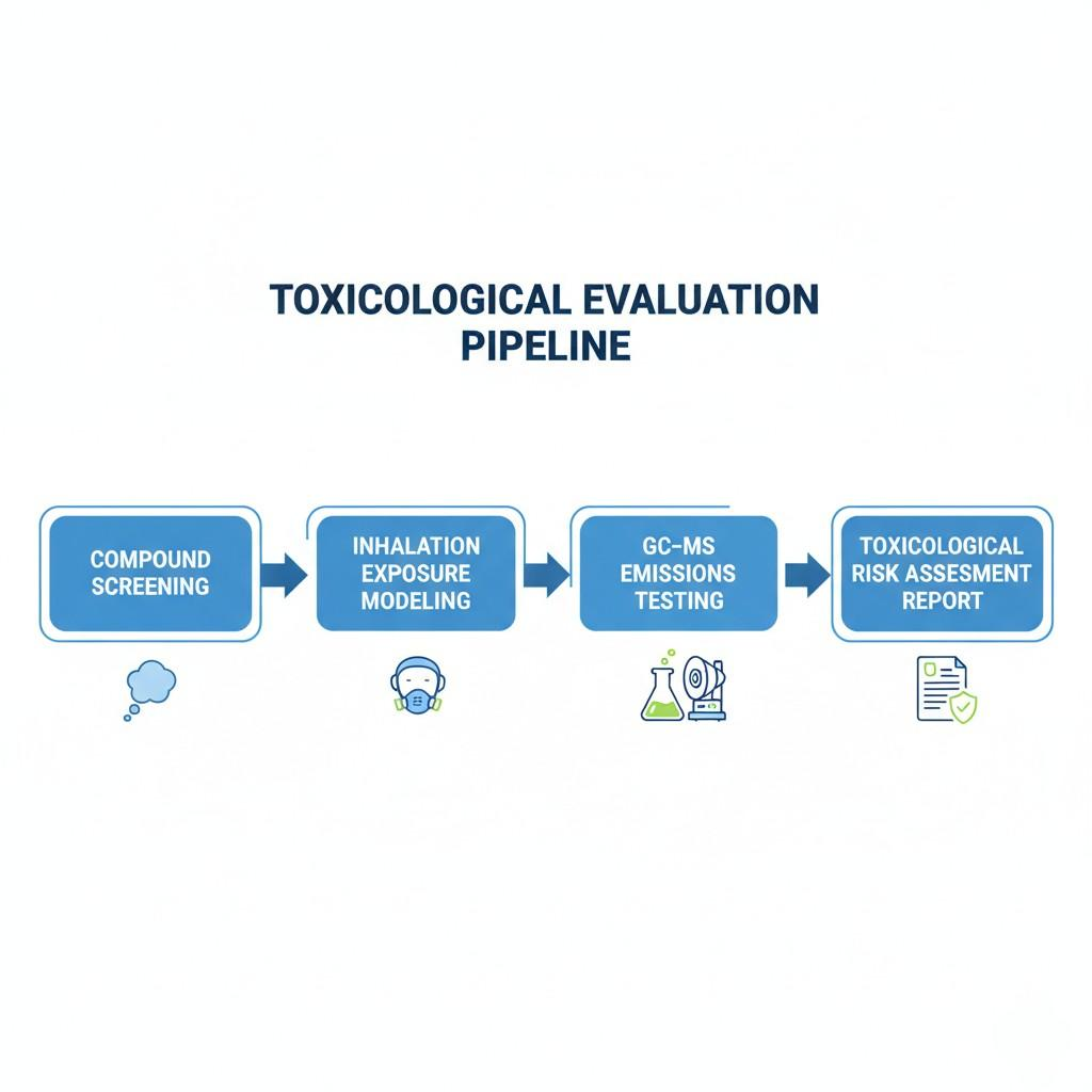 A visual flowchart outlining the key steps in a toxicological evaluation pipeline, from initial compound screening and inhalation exposure modeling to GC-MS emissions testing and the final toxicological risk assessment report. Ideal for understanding product safety and chemical assessment processes.