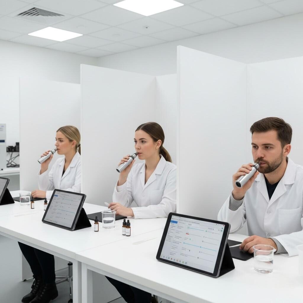 A sensory panel meticulously tests e-liquid samples in a controlled tasting room, utilizing standardized devices and tablets to capture structured feedback. This image is ideal for blogs discussing product development, sensory evaluation methodologies, and quality assurance in the e-liquid or related flavor industries.