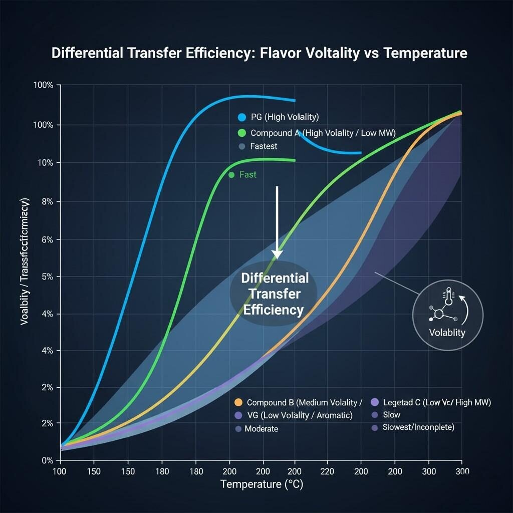 Data visualization chart comparing the volatility of three hypothetical flavor compounds (A, B, C) against PG and VG, plotted against temperature. The chart highlights the concept of "Differential Transfer Efficiency," showing how different flavor compounds vaporize at varying rates.