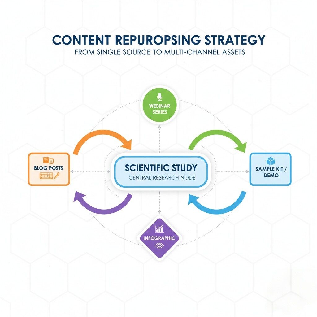 A visual diagram illustrating a content repurposing strategy, showing how a central scientific study can be transformed into various multi-channel marketing assets including blog posts, webinars, infographics, and sample kits for wider reach and engagement.