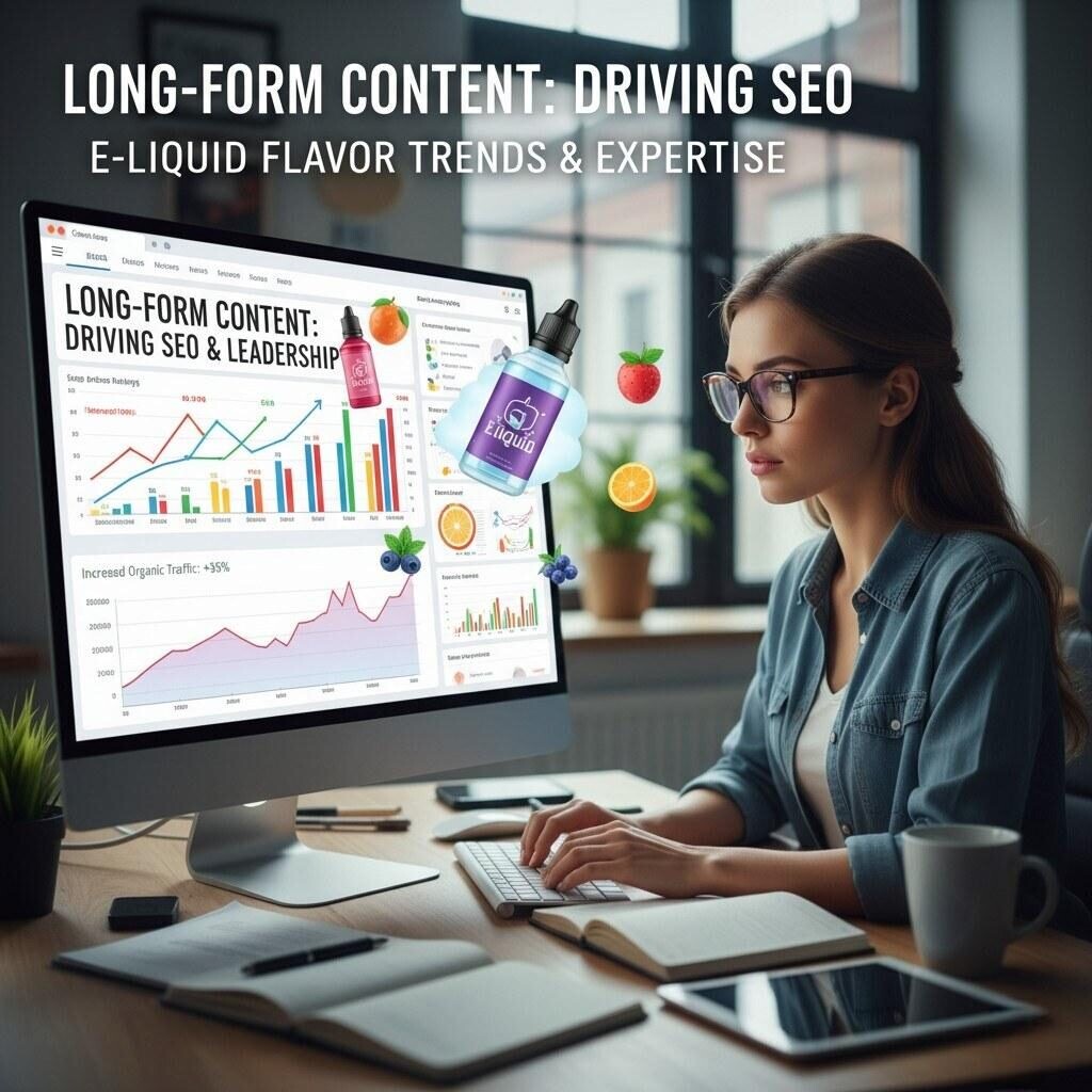 A digital marketing specialist is shown intensely analyzing SEO graphs, search trends, and various analytics on a computer screen. The display is overlaid with e-liquid bottles and flavor icons, symbolizing the strategic merger of digital marketing expertise with specialized product knowledge to drive SEO and establish industry leadership in the e-liquid flavor sector.