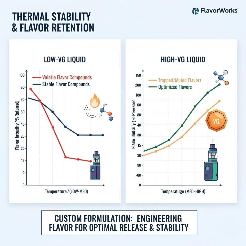 Data visualization showing how high temperature affects flavor compound stability and how high VG concentration impacts flavor release, guiding formulators toward thermally stable solutions.