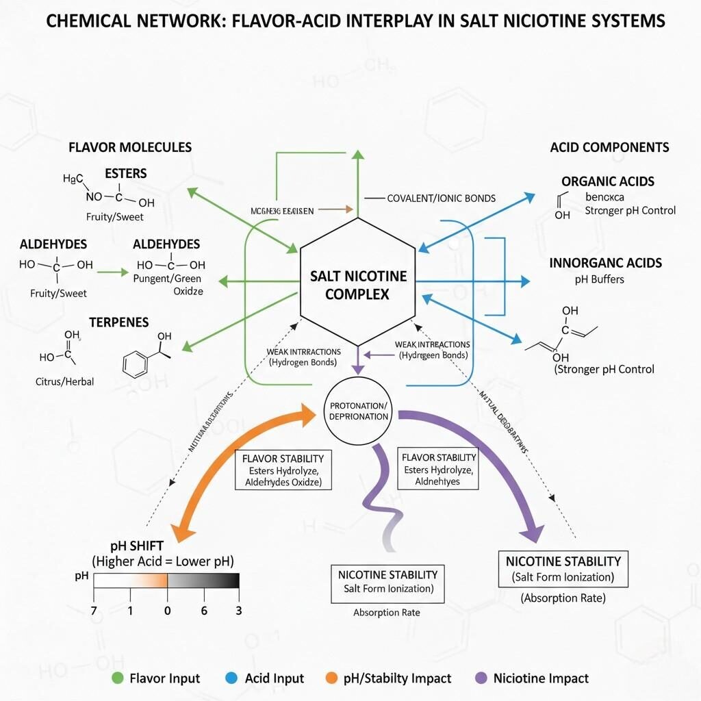 Explore a detailed chemical network diagram illustrating how flavor molecules (esters, aldehydes, terpenes) interact with organic and inorganic acid components in salt nicotine systems. Understand the impact on pH shifts, flavor molecule stability, and nicotine's salt form ionization and absorption rate.