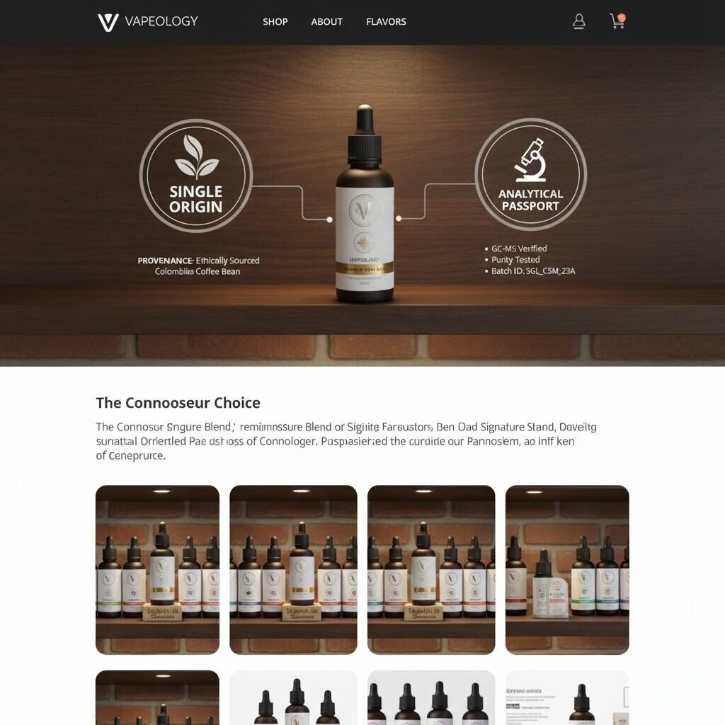 A compelling retail presentation or online product page featuring a brand's signature flavor as the hero product, reinforced with clear provenance details and "analytical passport" callouts to establish and reinforce its unique identity and quality.
