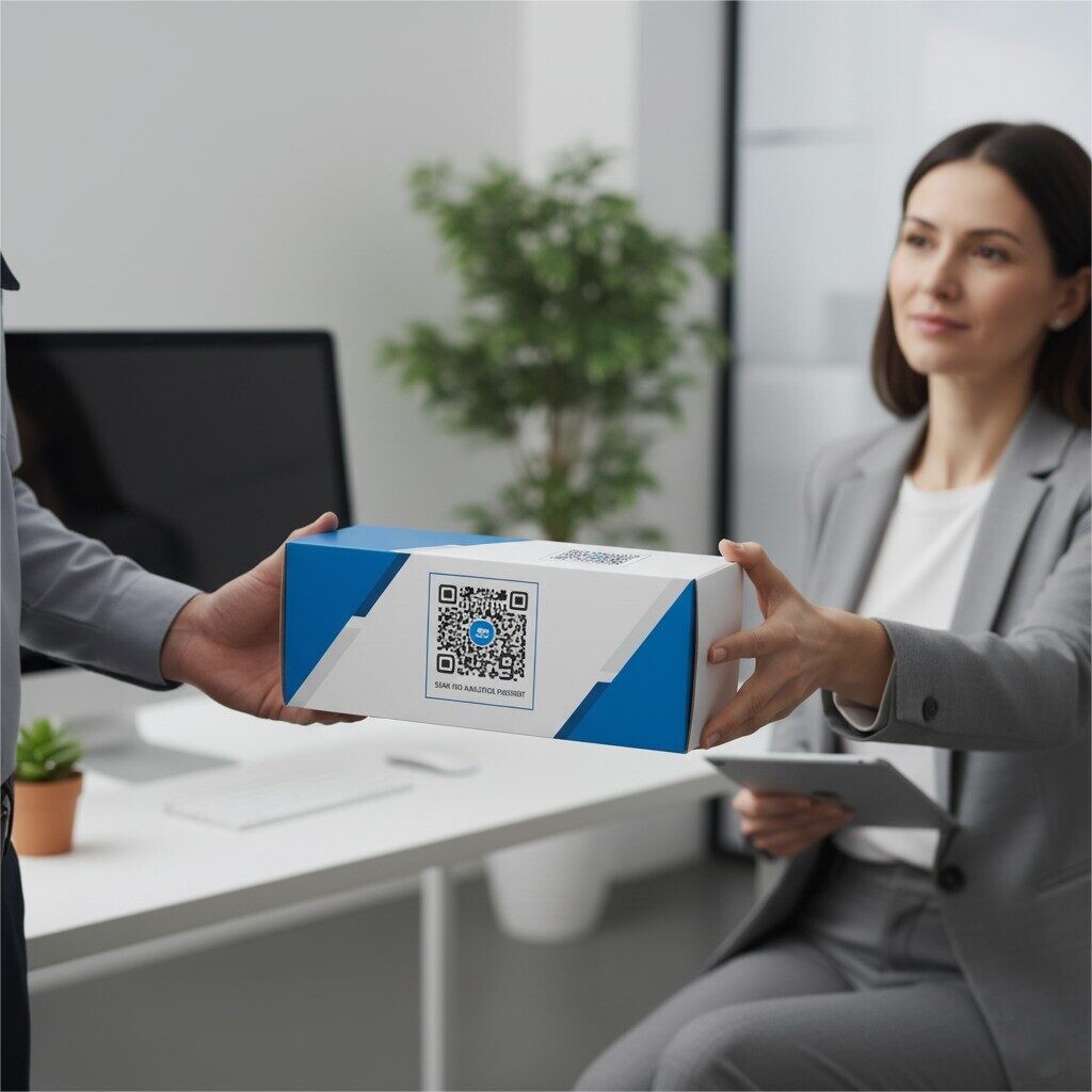 A product manager receives a sleek, professionally packaged sample kit featuring a prominent QR code linked to an analytical passport, illustrating efficient and transparent product evaluation for blog content.