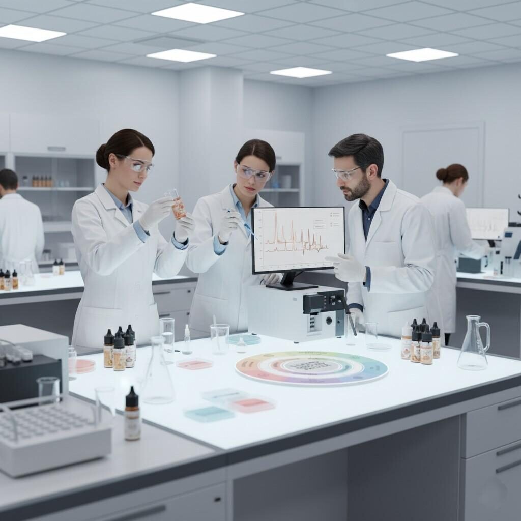 A professional photo concept depicting R&D scientists in a state-of-the-art flavor laboratory, collaboratively evaluating e-liquid samples. The image represents the technical expertise and teamwork involved in developing and refining vape liquid formulations, emphasizing the scientific rigor behind flavor creation.