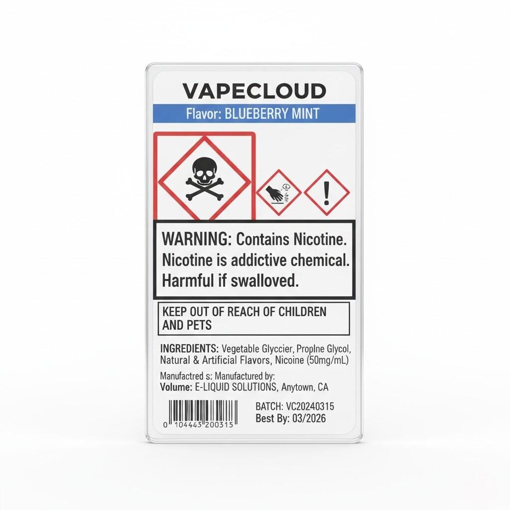 An example layout of a compliant e-liquid bottle label, showcasing essential elements such as hazard pictograms for toxicity and irritation, a clear nicotine warning, and comprehensive ingredient disclosure. This visual aid demonstrates best practices for regulatory adherence in e-liquid product labeling.
