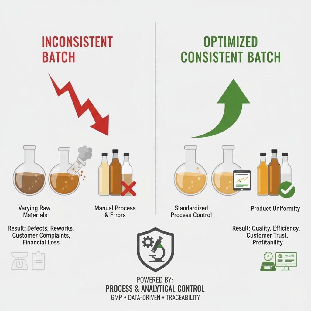 This visual diagram powerfully illustrates the stark difference between an "inconsistent batch" and an "optimized consistent batch." It highlights how robust process and analytical control lead to superior product uniformity, increased efficiency, enhanced customer trust, and greater profitability, while inconsistent processes result in defects, rework, and financial loss.