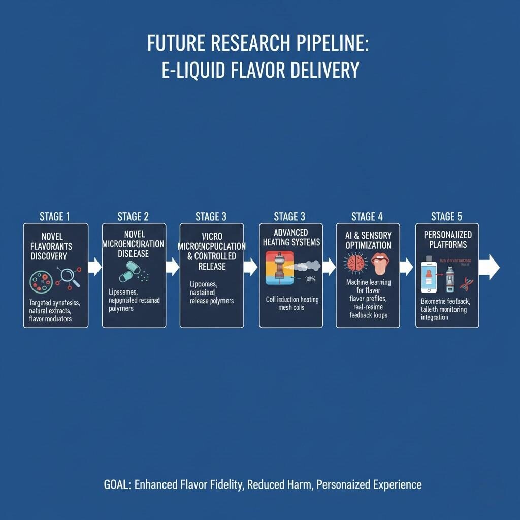 An illustration outlining the future research pipeline for e-liquid flavor delivery technologies, detailing stages from novel flavorant discovery and microencapsulation to advanced heating systems, AI-driven sensory optimization, and personalized vaping platforms for enhanced flavor fidelity and reduced harm.