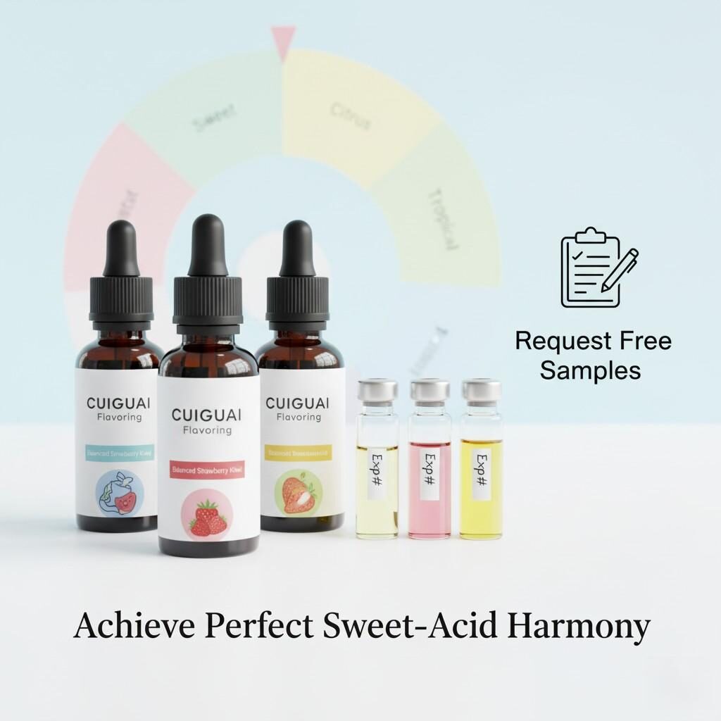  A vibrant promotional image for CUIGUAI Flavoring, showcasing branded e-liquid bottles and lab samples on a bright background. Featuring the tagline “Achieve Perfect Sweet–Acid Harmony,” a flavor wheel, and a call to action for free samples, this image highlights CUIGUAI's commitment to balanced and high-quality vape flavors.