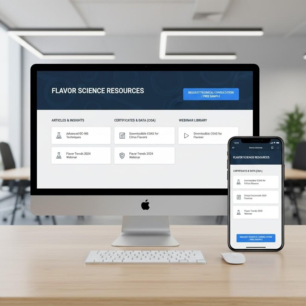 A compelling screenshot showcases a well-organized digital knowledge hub on both desktop and mobile, offering articles, downloadable Certificates of Analysis (COAs), and webinar recordings. A prominent "Request Technical Consultation / Free Sample" button serves as a clear call-to-action, highlighting a comprehensive platform for technical resources and customer engagement in the flavor industry.