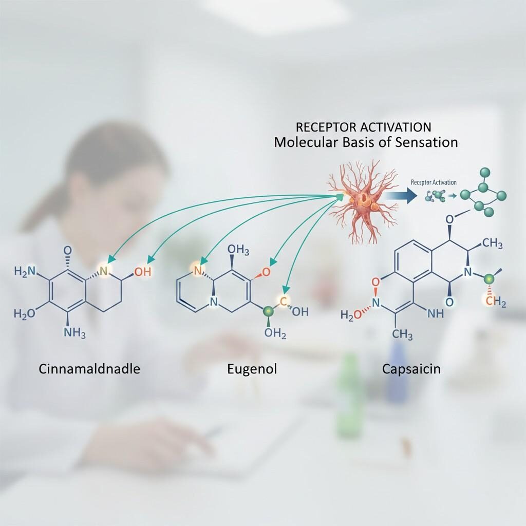 This detailed molecular diagram illustrates the "lock and key" mechanism of receptor activation, showing the chemical structures of Cinnamaldehyde, Eugenol, and Capsaicin. Arrows highlight specific functional groups interacting with human nerve endings, demonstrating the molecular basis of how these compounds create distinct sensory experiences. Essential for understanding food chemistry and sensory science.