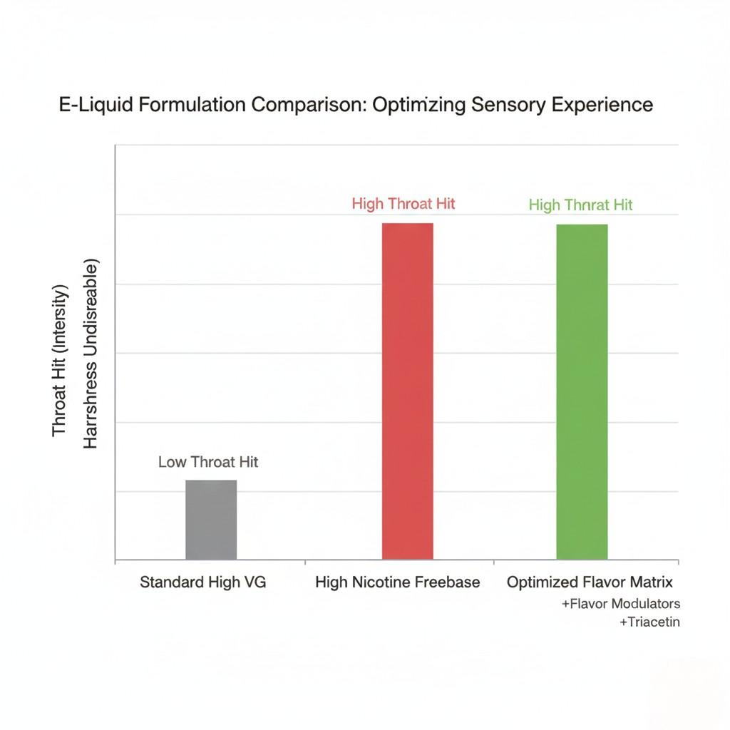 This technical bar chart compares three e-liquid formulations: Standard High VG (low throat hit), High Nicotine Freebase (high throat hit, high harshness), and an Optimized Flavor Matrix (high throat hit, low harshness). Annotations for the optimized formulation highlight chemical additives like flavor modulators and triacetin, demonstrating strategies to enhance sensory experience by balancing desired throat hit with reduced harshness.