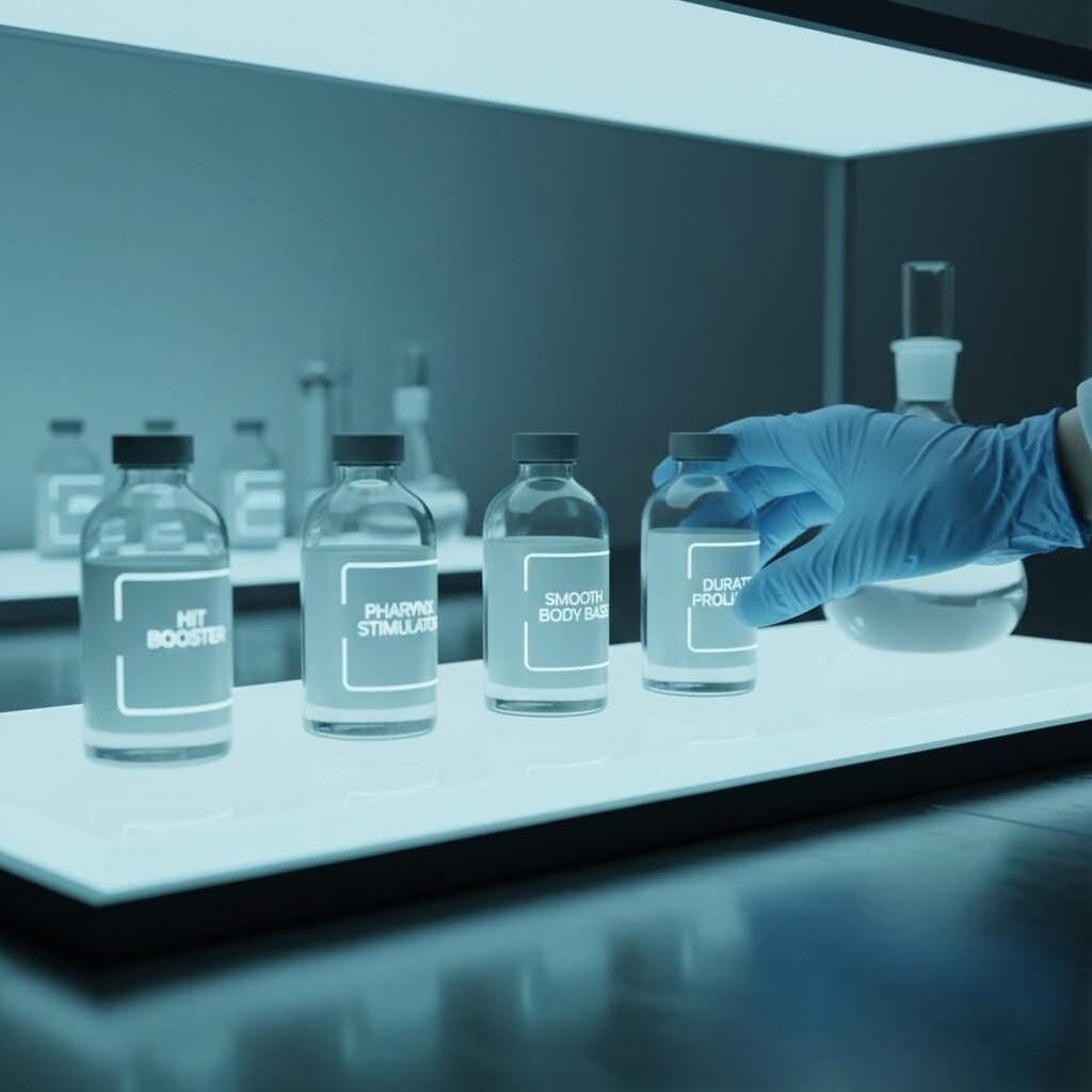 This image depicts a futuristic, glowing laboratory shelf showcasing specialized flavor concentrates like "Hit Booster," "Pharynx Stimulator," and "Smooth Body Base." A gloved hand reaching for a bottle symbolizes the precise and technical selection of ingredients, highlighting advanced research and development in crafting sensory experiences.