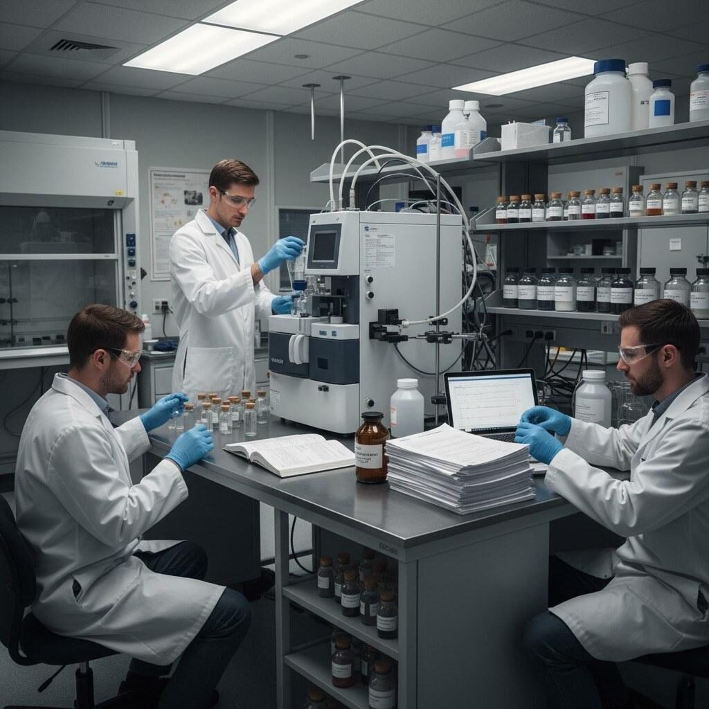 A professional laboratory setting where chemists are actively conducting GC-MS analysis on e-liquid flavor samples. The scene includes PMTA (Premarket Tobacco Product Application) dossiers on the desk, alongside labeled glass vials of aroma ingredients, all illuminated under soft laboratory lighting, depicting rigorous scientific work in the e-liquid industry.