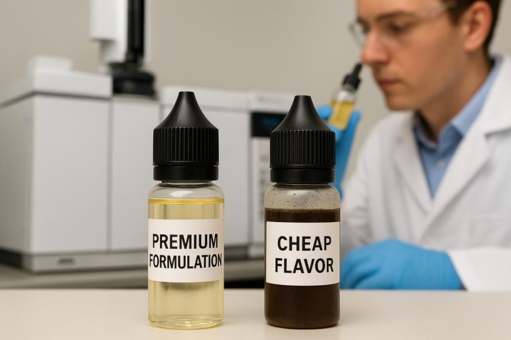 Close-up of two e-liquid bottles labeled “Premium Formulation” and “Cheap Flavor” on a lab table. The premium sample is bright and clear, while the cheap sample is dark and cloudy. In the background, a scientist analyzes aroma samples near GC–MS equipment, emphasizing differences in formulation and quality.