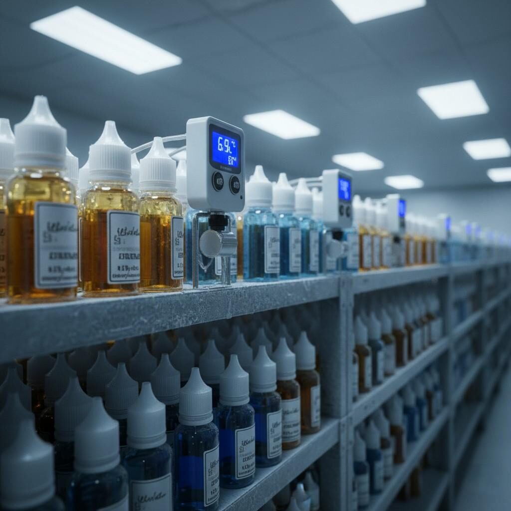 A hyper-realistic 8K macro photograph showcasing sealed e-liquid bottles meticulously stored within a temperature-controlled cold-chain warehouse. The image features frost-lined racks, glowing blue digital thermometers displaying precise temperatures, and soft overhead industrial lighting, all contributing to a scientific and professional aesthetic that highlights the rigorous storage conditions for vape products.