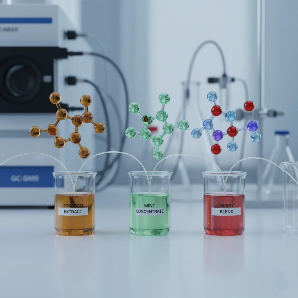 A hyper-realistic, ultra-detailed 8K macro shot capturing colorful, complex aroma molecular structures suspended above beakers containing various e-liquid ingredients (e.g., tobacco extract, mint concentrate, berry blend) in a clean laboratory setting. The background features analytical chemistry equipment like a GC-MS, emphasizing the scientific rigor in flavor development and compositional analysis of e-liquids. This image is ideal for illustrating the intricate science behind vaping product formulation and chemical analysis.