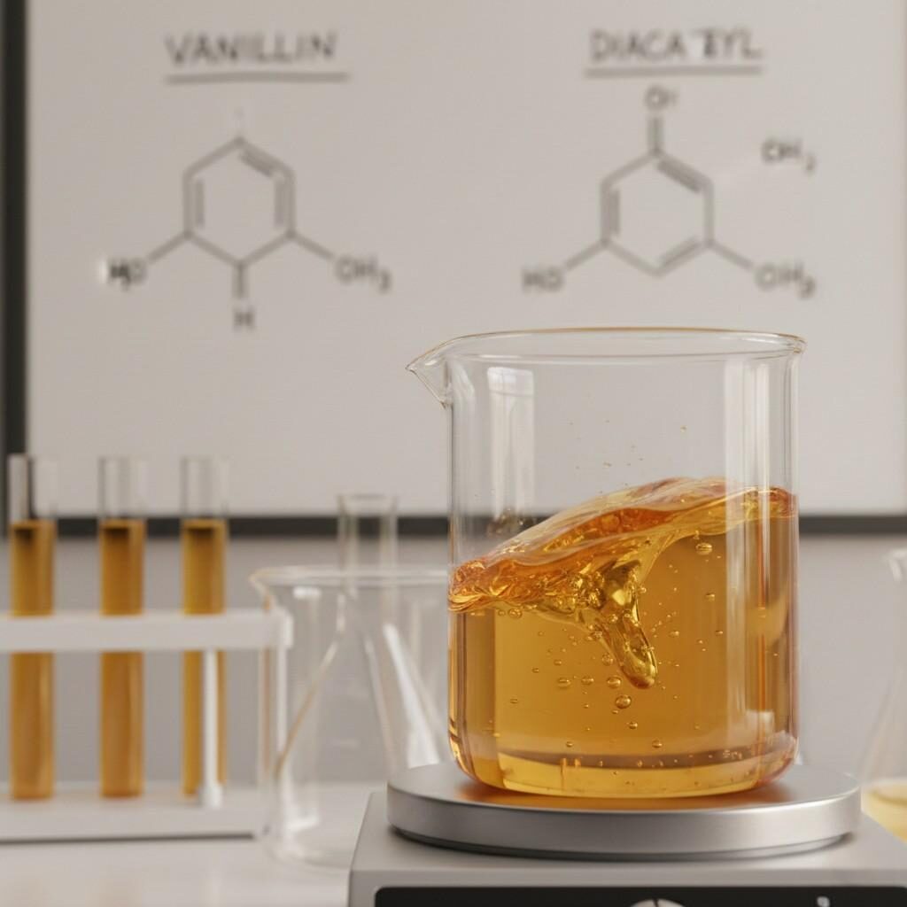 A close-up, high-definition image of a lab setting featuring a glass beaker with a golden, viscous liquid being stirred in the foreground. In the background, out of focus, are whiteboard diagrams of Vanillin and Diacetyl molecular structures. The warm amber lighting gives a creamy, rich ambiance to the scientific scene.