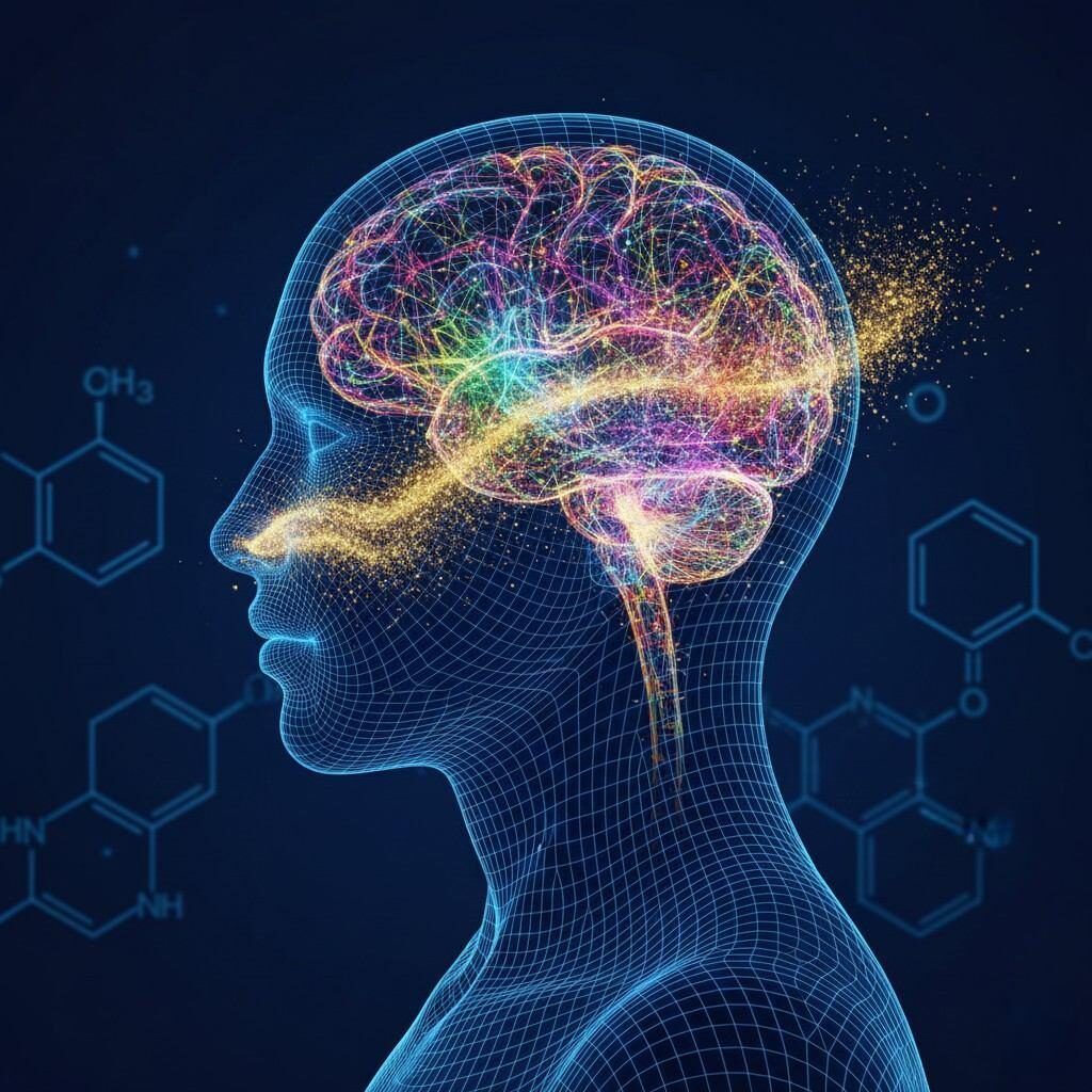 A striking conceptual, high-tech illustration depicting a human silhouette in profile. A glowing, colorful neural network illuminates within the brain, intricately connected by a swirling stream of golden aromatic vapor, all set against a deep navy blue background with subtle chemical structural formulas. This powerful image visually represents the profound and direct link between aroma and memory.