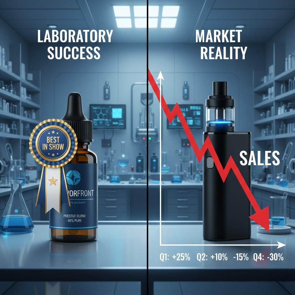 A conceptual split-screen illustration contrasting laboratory success with market reality. The left side shows a "Best in Show" award ribbon on an e-liquid bottle in a lab, while the right depicts a downward-trending red sales graph superimposed over a vape device, symbolizing the stark disconnect between product achievement in the lab and its performance in the consumer market.