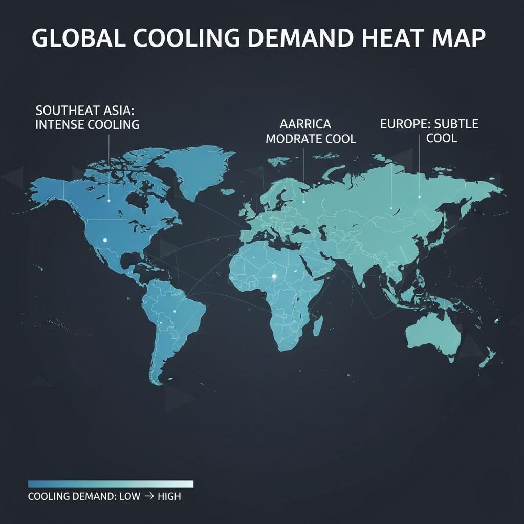 A stylized "Heat Map" of the world illustrating "Cooling Demand" by region. Southeast Asia is depicted in intense icy blue-white for high cooling demand, North America in a moderate cool blue, and Europe in a subtle teal, all set against a professional dark grey background with digital data lines connecting the regions.