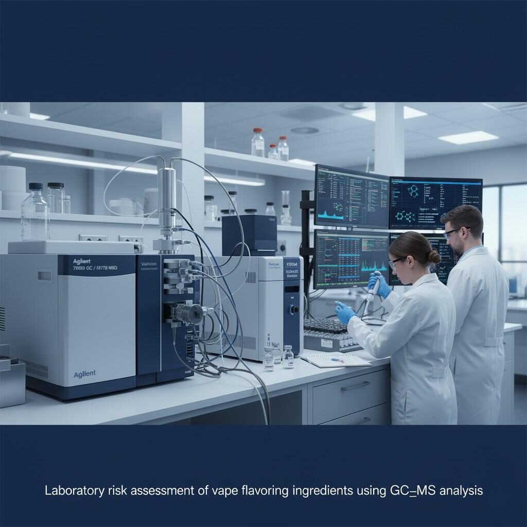 A professional laboratory scene depicting technicians conducting risk assessment of e-liquid or vape flavoring ingredients using advanced GC-MS or LC-MS instruments. The image emphasizes scientific credibility with vials, analytical screens, and pipettes, conveying a focus on analytical precision and safety in vape product development.