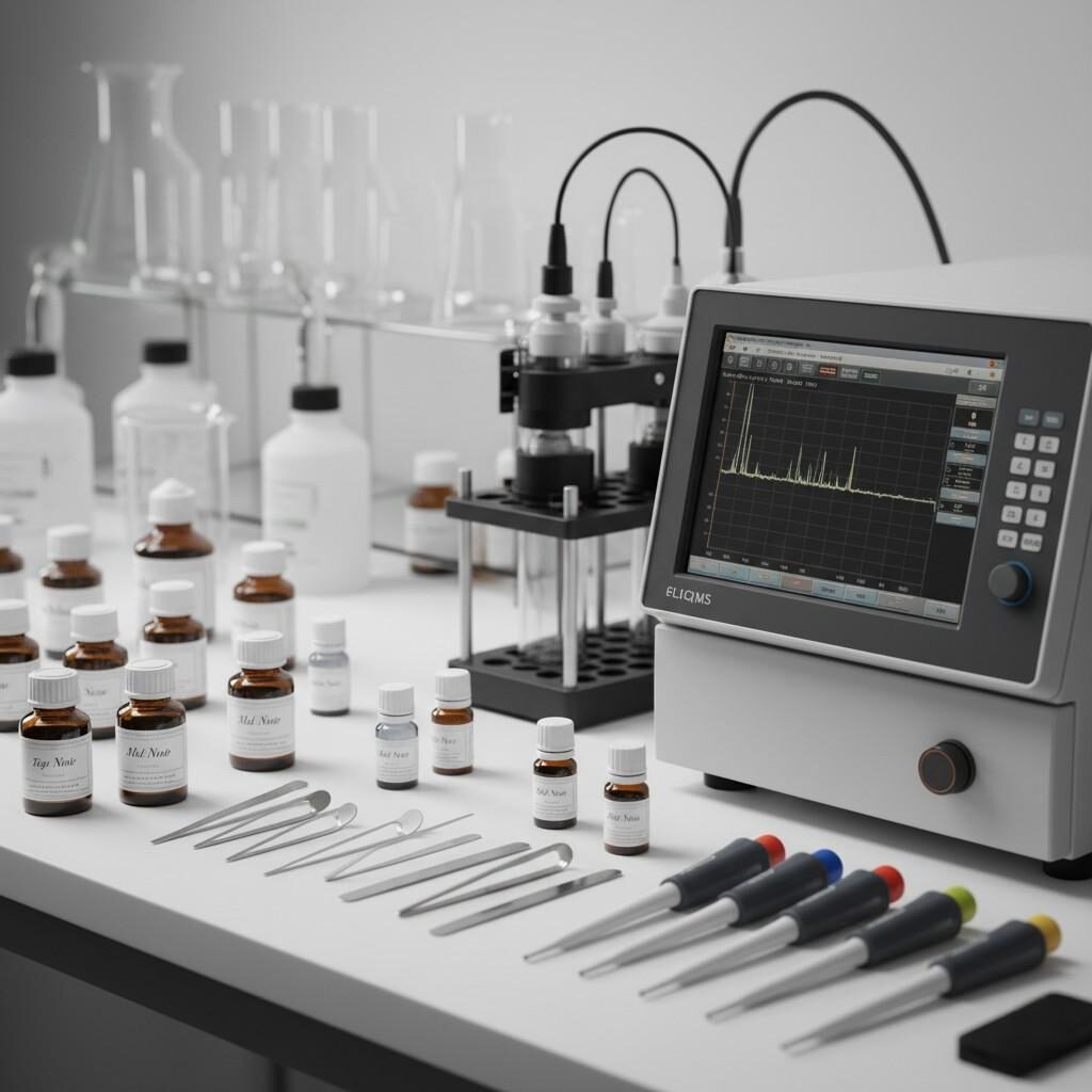 A stunning high-resolution macro photograph reveals a modern fragrance laboratory dedicated to e-liquid development. Aroma bottles, meticulously labeled "Top Note," "Mid Note," and "Base Note," are arranged alongside advanced e-liquid testing equipment and a GC-MS chromatograph on a pristine white bench. Gleaming stainless-steel instruments and pipettes, bathed in bright, neutral lighting, underscore the scientific precision and commitment to quality manufacturing. This image perfectly captures the essence of advanced R&D in flavor science.