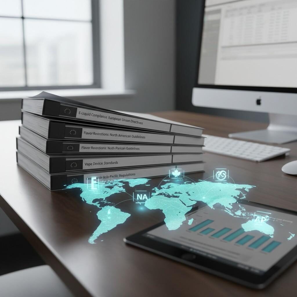 A detailed visual representing a global regulatory desk with stacked legislative documents covering "E-Liquid Compliance," "Flavor Restrictions," and "Vape Device Standards," overlaid with a world map highlighting regulatory regions. Ideal for e-liquid flavor manufacturers, this image provides a concise overview of the 2025 regulatory landscape, perfect for understanding international vaping laws and compliance.