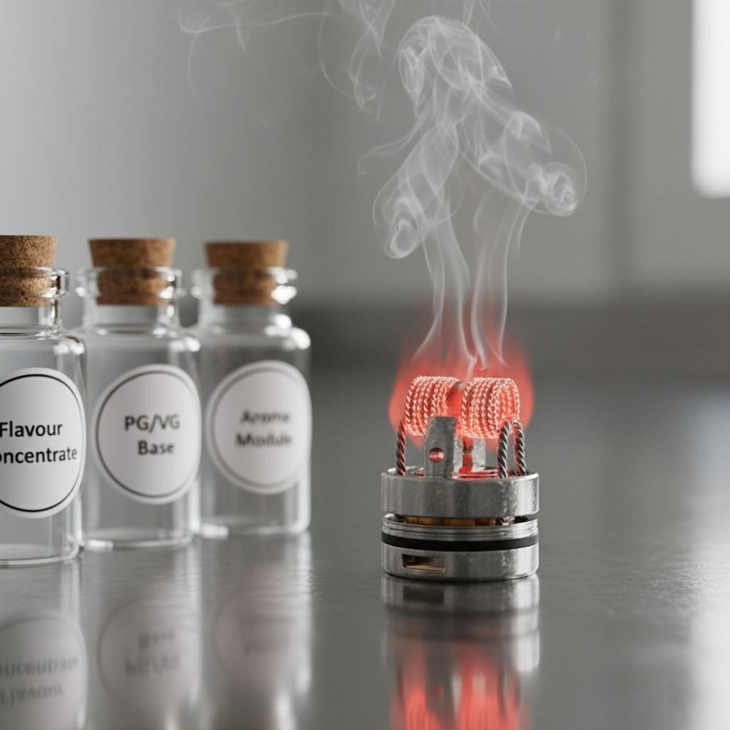 High-resolution macro photograph capturing a red-hot vaping device coil (atomiser) with rising vapour, set against a stainless steel bench with labeled lab bottles (Flavour Concentrate, PG/VG Base, Aroma Module). Focuses on the extreme heat involved in e-liquid vaporisation, relevant for science and regulatory content.