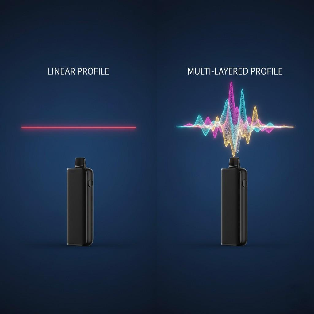 A split-screen conceptual 3D illustration comparing flavor profiles in vape devices. On the left, a single, flat red line represents a "Linear Profile," while on the right, a complex, multi-colored dynamic waveform depicts a "Multi-Layered Profile," highlighting the difference in sensory complexity. The background is a deep, professional laboratory blue.