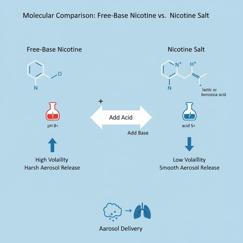 A clear scientific infographic illustrating the molecular differences between free-base nicotine and nicotine salt. The image highlights changes in pH, volatility, and aerosol release through directional arrows and simple chemistry icons. Set against a light blue background, this clean and technical layout is perfect for a scientific blog, explaining the chemical properties that differentiate these two common forms of nicotine in e-liquids.