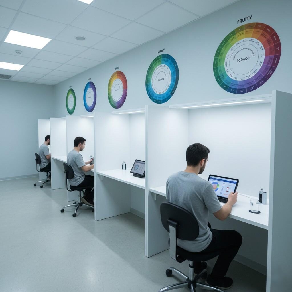This image captures a state-of-the-art controlled sensory evaluation room designed for vape flavor testing. It features standardized white booths with calibrated LED lighting, where panelists use electronic scoring tablets to record their perceptions. Aroma wheels displayed on the wall provide a reference for flavor descriptors, and prepared vape devices are ready for testing, all contributing to a clean, scientific atmosphere for accurate product assessment.