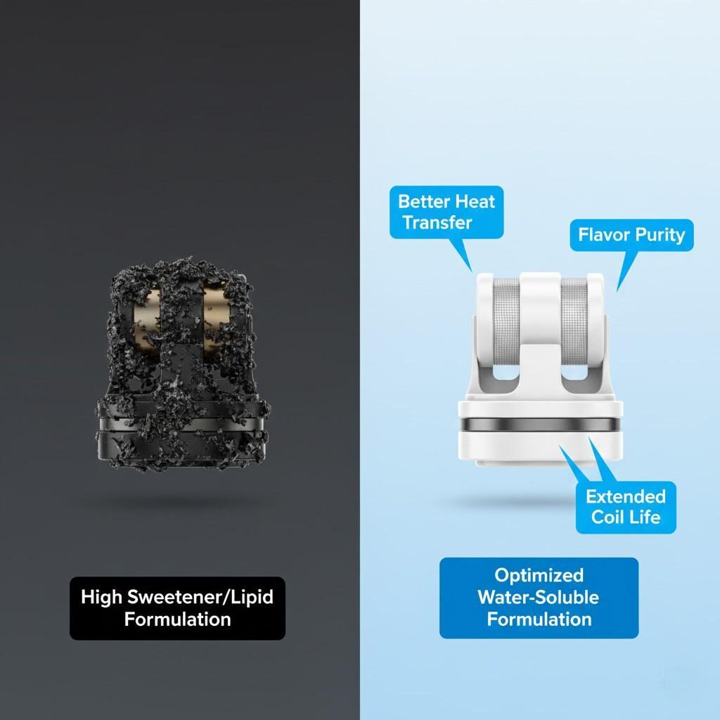 A split-screen infographic comparing vaping coils. The left shows a cross-section of a coil with dark, crusty residue, labeled "High Sweetener/Lipid Formulation." The right displays a pristine, clean heating element, labeled "Optimized Water-Soluble Formulation," with blue text bubbles highlighting "Better Heat Transfer" and "Flavor Purity."