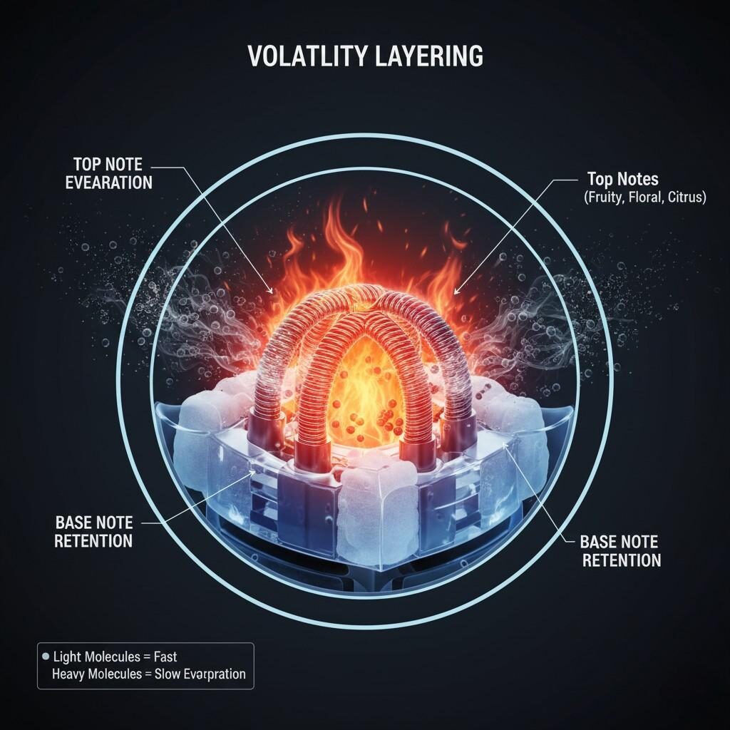 A detailed cross-section diagram of a vape coil in action, illustrating "Volatility Layering." The image depicts lighter vapor molecules (Top Notes) vaporizing first at the cooler outer edges, while heavier, darker molecules (Base Notes) are retained and vaporize near the hotter center, with labels for "Top Note Evaporation" and "Base Note Retention."
