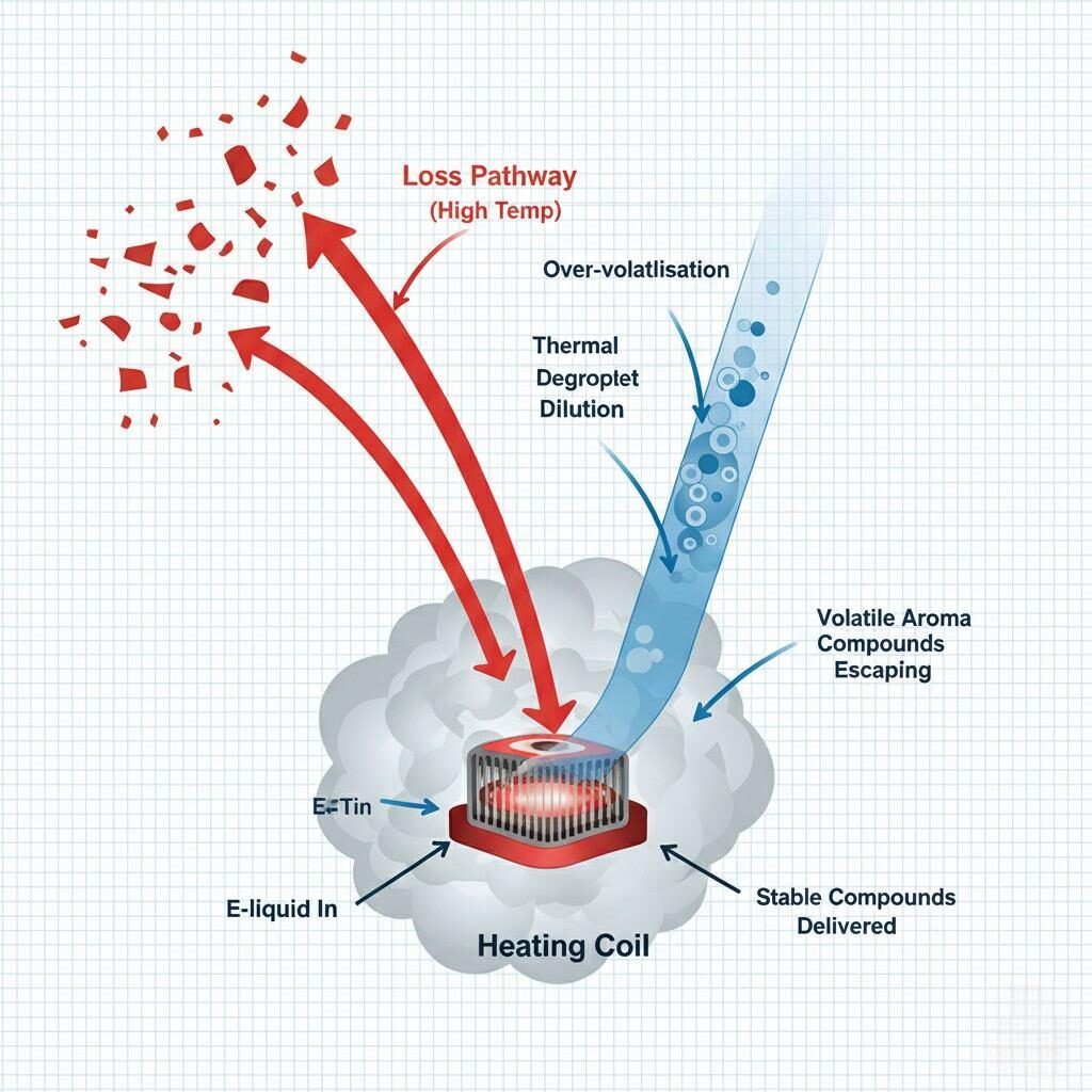 Technical infographic illustrating the "Loss Pathway" of aroma compounds during e-liquid vaporisation at high temperatures. The schematic details how factors like over-volatilisation, thermal degradation, and large droplet dilution impact the delivery of volatile vs. stable aroma compounds from the heating coil.