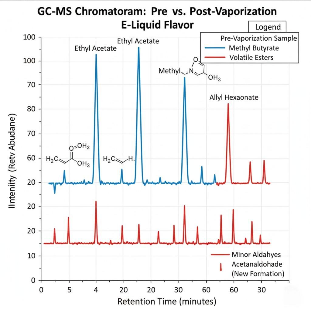 A detailed GC-MS chromatogram illustrating the chemical changes in an e-liquid flavoring before and after vaporization. The graph highlights the reduction or loss of volatile esters (e.g., Ethyl Acetate, Methyl Butyrate, Allyl Hexaonate) and the noticeable formation of minor aldehydes (e.g., Acetaldehyde), providing insight into the flavor degradation and new compound formation during the vaping process.