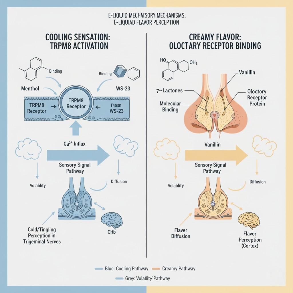 A detailed scientific infographic illustrating the molecular mechanisms behind e-liquid flavor perception. The diagram shows how cooling agents like menthol and WS-23 activate TRPM8 receptors, while creamy notes such as lactones and vanillin bind to olfactory receptors. It highlights volatility, diffusion, and the distinct sensory signal pathways for each, offering insight into the complex interaction of these compounds with human physiology.