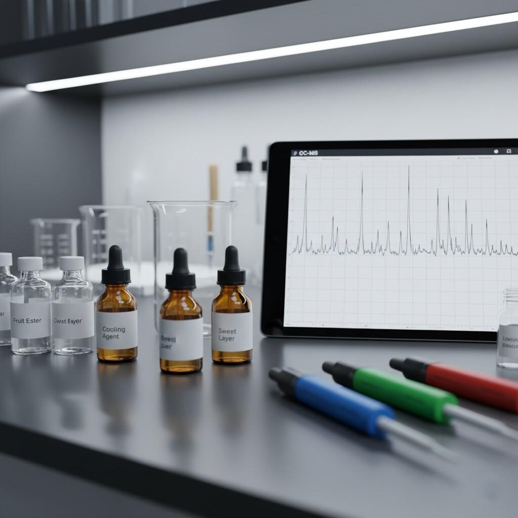 A dynamic visual of an e-liquid flavor formulation in progress, showcasing a digital tablet displaying a GC-MS chromatogram. Alongside are open e-liquid vials, color-coded pipettes, and labeled aroma ingredients such as "Fruit Ester," "Cooling Agent," and "Sweet Layer." The atmosphere exudes R&D precision and innovation, highlighting the detailed and scientific approach to creating complex e-liquid flavors. Ideal for showcasing advanced research and development in the vaping industry.