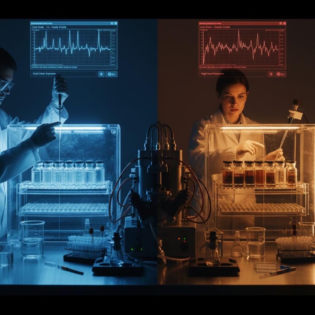 An 8K hyper-realistic comparative laboratory scene illustrating e-liquid stability testing. On one side, clear, bright e-liquid samples are shown under optimal cold chain conditions, while on the other, darkened, oxidized samples reveal the effects of high heat exposure. The image features lab technicians, glowing GC-MS chromatographs, and controlled lighting, emphasizing the scientific rigor in assessing e-liquid product integrity.
