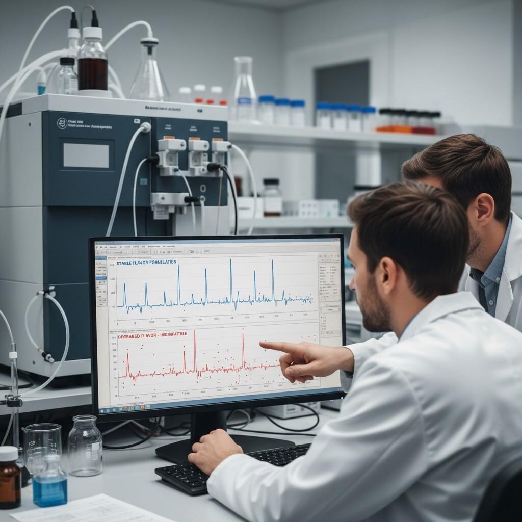 An ultra-realistic 8K laboratory scene depicting a detailed GC-MS chromatographic comparison. The computer screen prominently displays two chromatograms: one representing a stable flavor formulation and another showing a degraded formulation with multiple peaks indicating breakdown products due to ingredient incompatibility. Two analytical chemists in lab coats are actively examining the data on the screen, surrounded by advanced laboratory equipment and glassware, highlighting the precision and scientific expertise involved in flavor analysis and quality control. This image is perfect for illustrating the technical aspects of flavor chemistry and product stability studies.