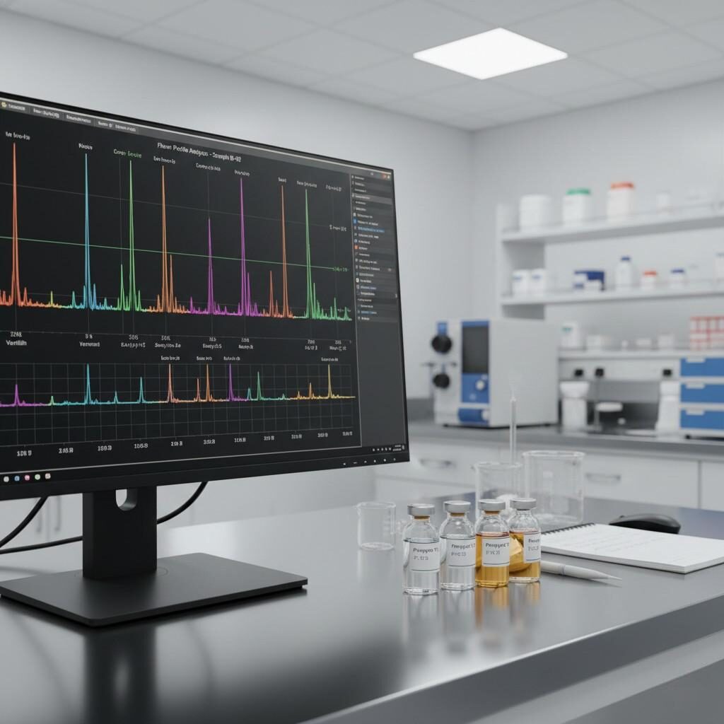 This image captures a professional GC-MS chromatogram displayed prominently on a computer monitor, illustrating the precision of scientific flavor analysis. Adjacent to the screen, several transparent vials hold different prototype flavors, all set within a clean, modern laboratory aesthetic that emphasizes the advanced technological approach to flavor research and development.