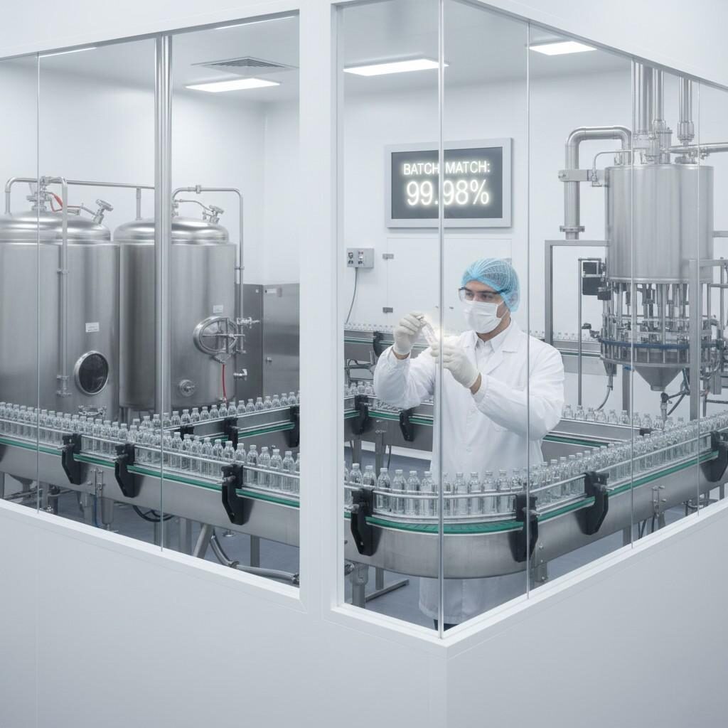 A wide-angle shot captures a sleek, modern automated bottling line operating within a pristine cleanroom environment, featuring gleaming stainless steel tanks and efficient conveyor belts. In the foreground, a diligent Quality Control technician in full PPE meticulously inspects a vial, while a digital screen in the background proudly displays "BATCH MATCH: 99.98%", highlighting the precision and quality standards of the operation.