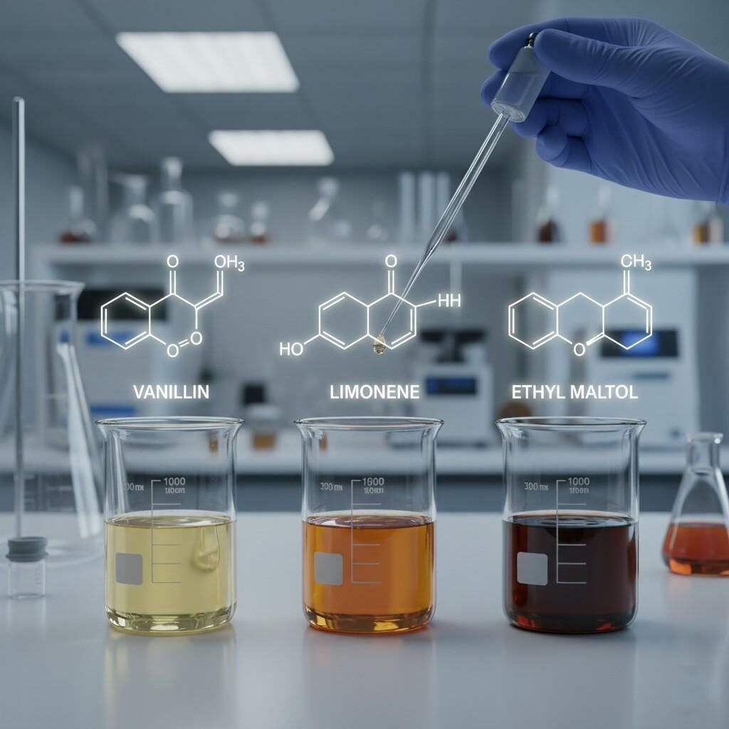 A laboratory workbench displays three glass beakers with liquids of varying viscosity and color, representing flavor bases. Floating above are the chemical structural formulas for "Vanillin," "Limonene," and "Ethyl Maltol." A gloved hand precisely doses a mixture with a pipette, emphasizing the precision and chemical expertise in flavor formulation.