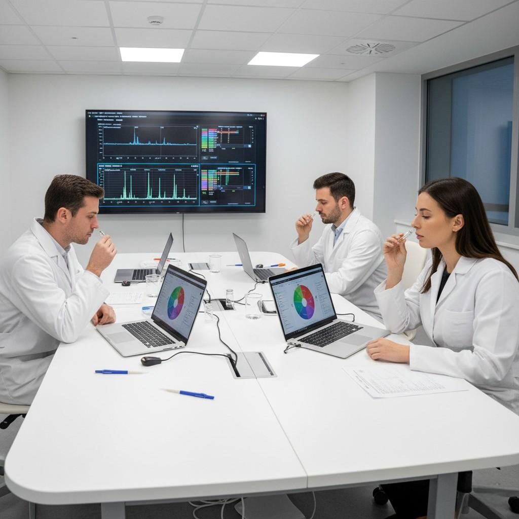  A dynamic scene captures a sensory evaluation panel in action within a professional testing room. Lab technicians in crisp white coats meticulously use aroma sniffing vials, while laptops display intricate flavor wheel charts. In the background, a GC-O interface screen highlights advanced analytical data. The image emphasizes collaboration, data-driven testing, and rigorous quality control, showcasing the precision involved in cutting-edge flavor development. Ideal for illustrating the scientific rigor behind product innovation.