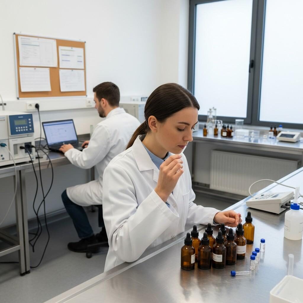 A high-resolution documentary photo capturing the essence of a modern quality control laboratory. One technician performs sensory evaluation of aroma samples using smell strips and aroma bottles, while another meticulously analyzes data on a laptop connected to advanced analytical instruments like a GC-MS or refractometer. The scene includes sample vials and calibration charts, set against a neutral background, highlighting precision and scientific rigor in product quality assurance.