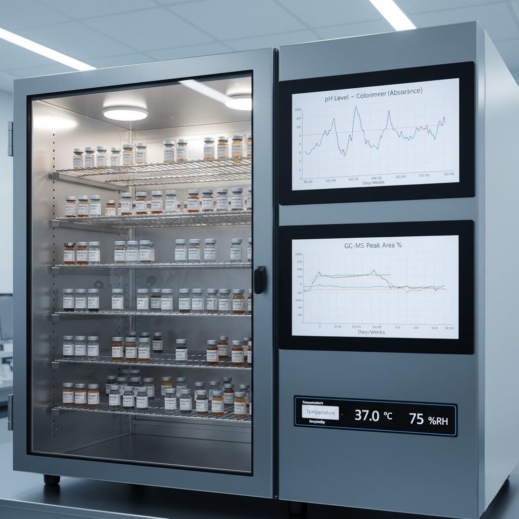 A specialized laboratory stability chamber designed for rigorous e-liquid testing, featuring precise temperature and humidity controls. Inside, rows of labeled e-liquid vials undergo long-term stability assessment. Digital readouts on the chamber display real-time tracking of critical parameters such as pH levels, color changes, and evolving GC-MS data over time, crucial for ensuring product quality, safety, and shelf-life in controlled environments.